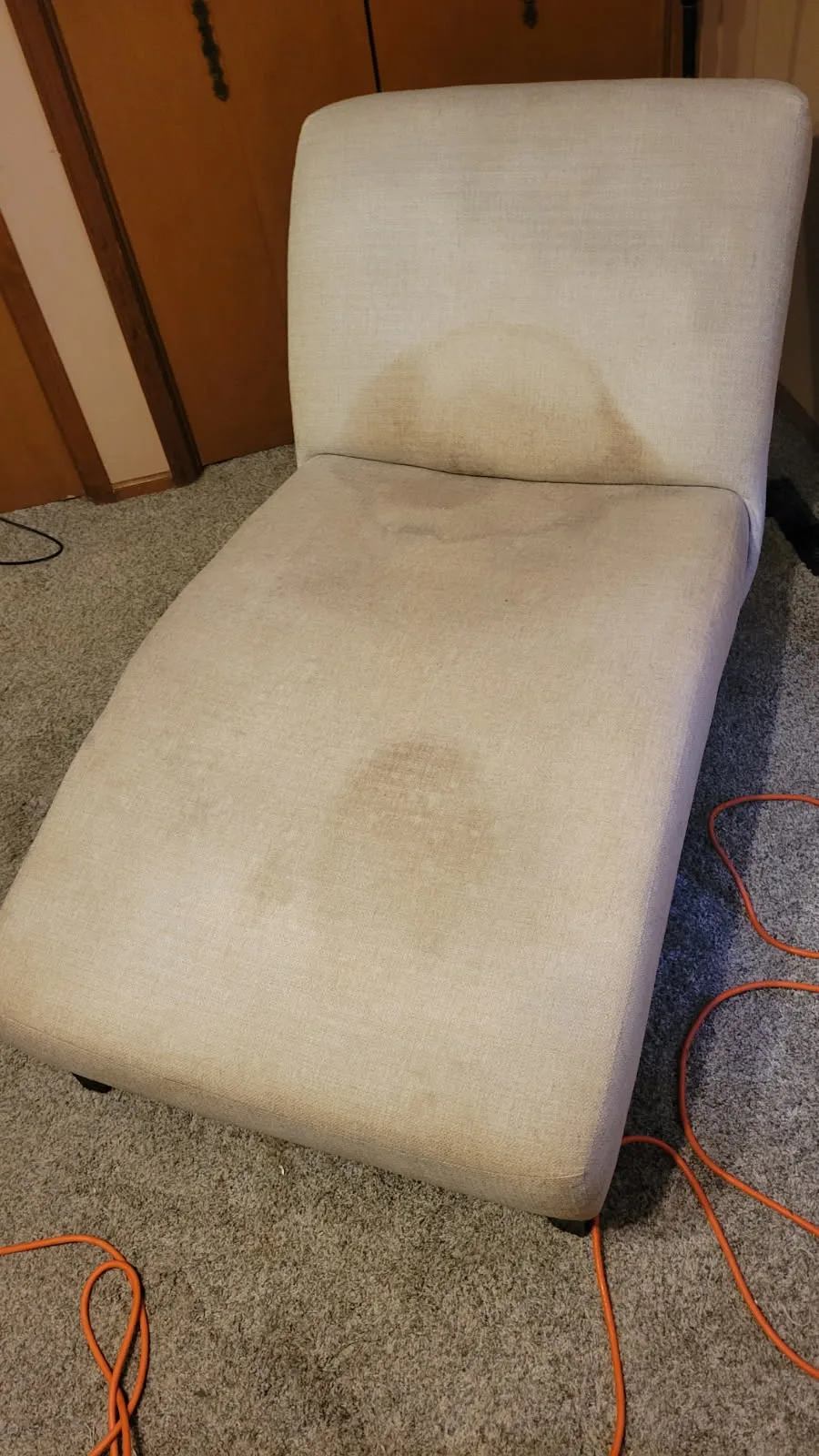 upholstered chaise before cleaning